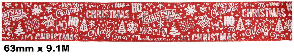 Eleganza Festive Christmas Ribbon Roll Craft Wreath Bows Gifts Tree Decoration - Red Wired Edge Ho Ho Ho