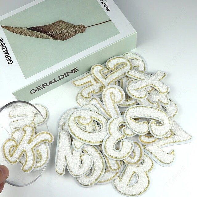 White & Gold Chenille Letter Patch Patches Iron on Sew on Alphabet Letters