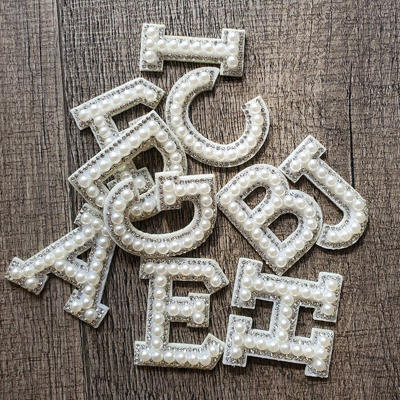 4.5cm White Pearl & Silver Rhinestone Letter Patches Sew/Glue on Alphabet Patch
