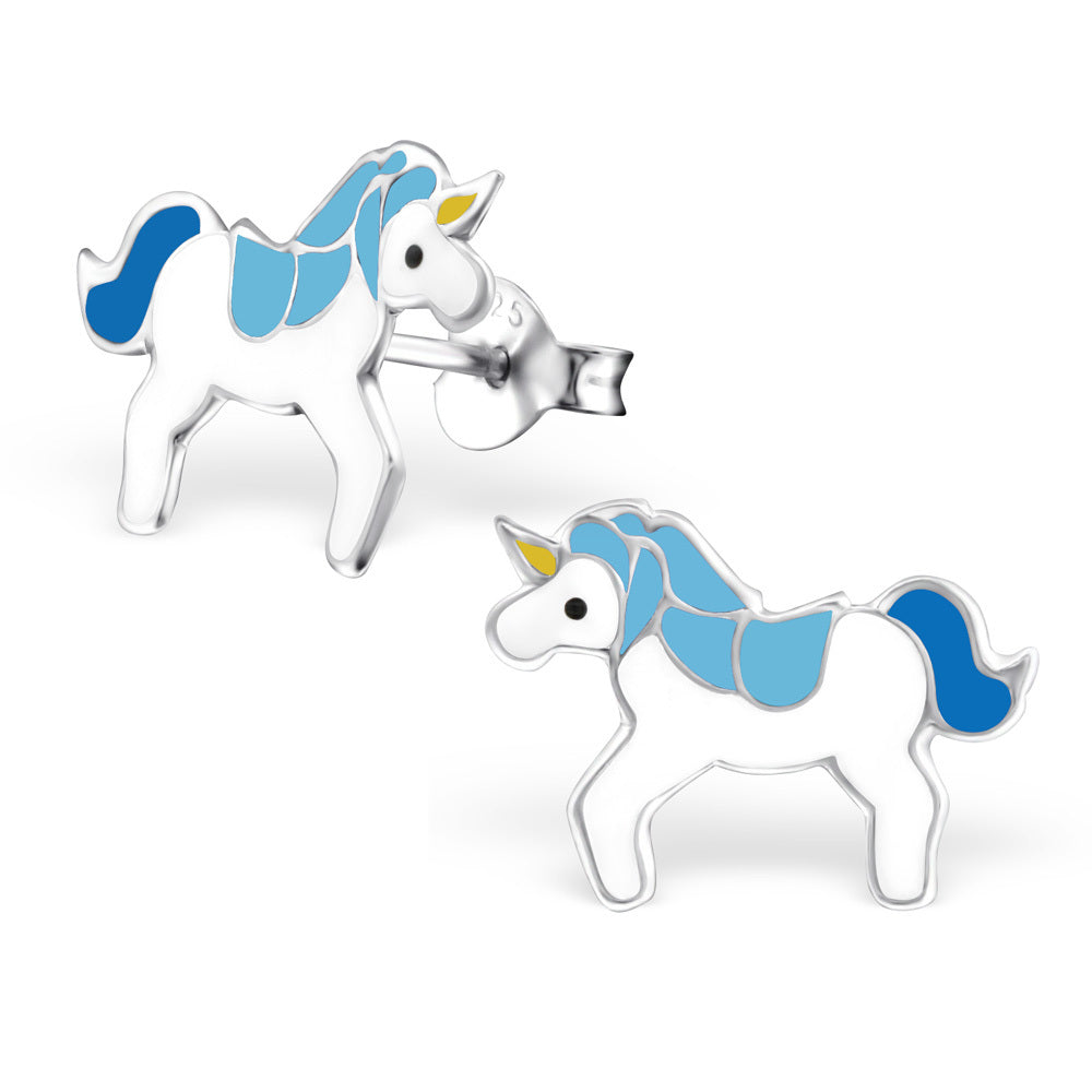 925 Sterling Silver Blue & White Magical Unicorn Stud Earrings & Gift Box