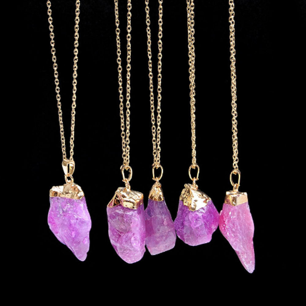 Crystal Quartz Gemstone Pendant Necklace Irregular Natural Crystal & Gift Bag - Fuchsia