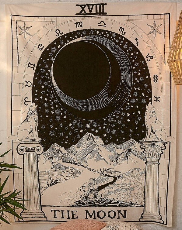Tarot Wall Art Hanging Fabric Astral Throw Altar Cloth Wiccan Gothic Pagan Gift - The Moon - 95x73cm