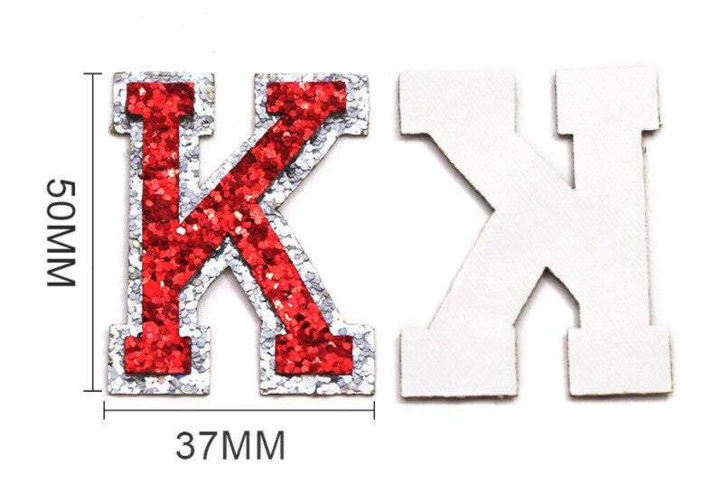 Red & Silver Glitter Varsity Letter Patch Iron or Sew on Alphabet Letters