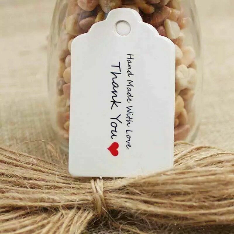 100 x Hand Made With Love Thank You Tag Labels Stickers Craft Tags With String