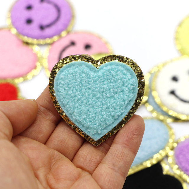 5cm Chenille & Gold Towel Heart Patch Iron on Sew on Customise Clothing Craft - Aqua