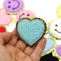 5cm Chenille & Gold Towel Heart Patch Iron on Sew on Customise Clothing Craft - Aqua
