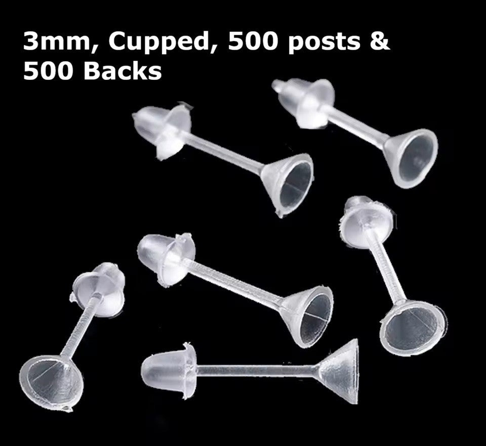 1000pcs Silicone Earring Posts & Backs - Jewellery Making Findings Craft Sets - 3mm Cupped