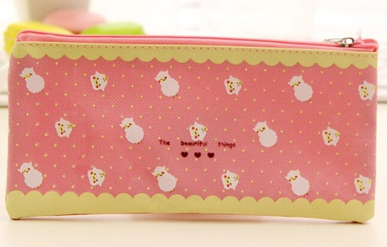 Kawaii Alpaca Sheep Lamb Canvas Pencil Case Pouch or Cosmetic Make Up Bag - Pink Spotty