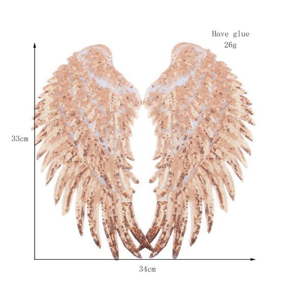 Large Pair Sequins Wings Iron or Sew on Embroidery Patch Customise Clothing 33cm - Rose Gold