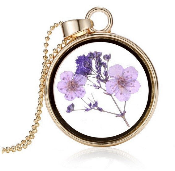 Dried Flower Round Locket Pendant Gold Plated Glass Charm Chain Necklace Botanic - Purple