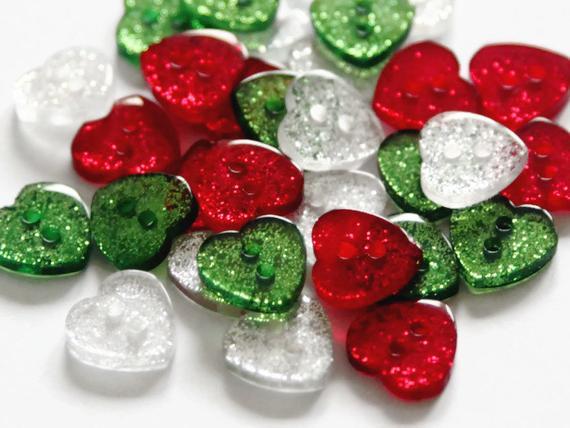 Glitter Heart Buttons Handmade Craft & Sewing Mixed & Non-Mixed 2 Hole 12x13mm - Christmas Mix