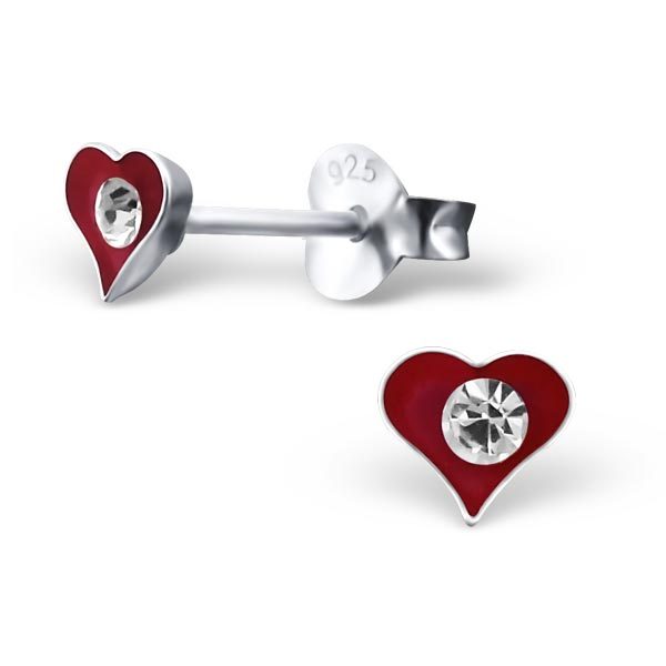 925 Sterling Silver Heart Diamante Stud Earrings Love Valentine & Gift Box - Red