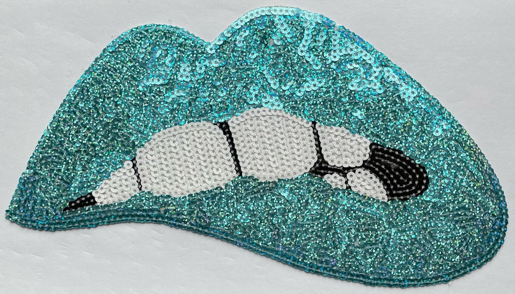 Large Rose Gold Silver Pink Lips Mouth Pop Art Lip Sequin Iron on Sew on Patch - Ab Aqua - Iron On