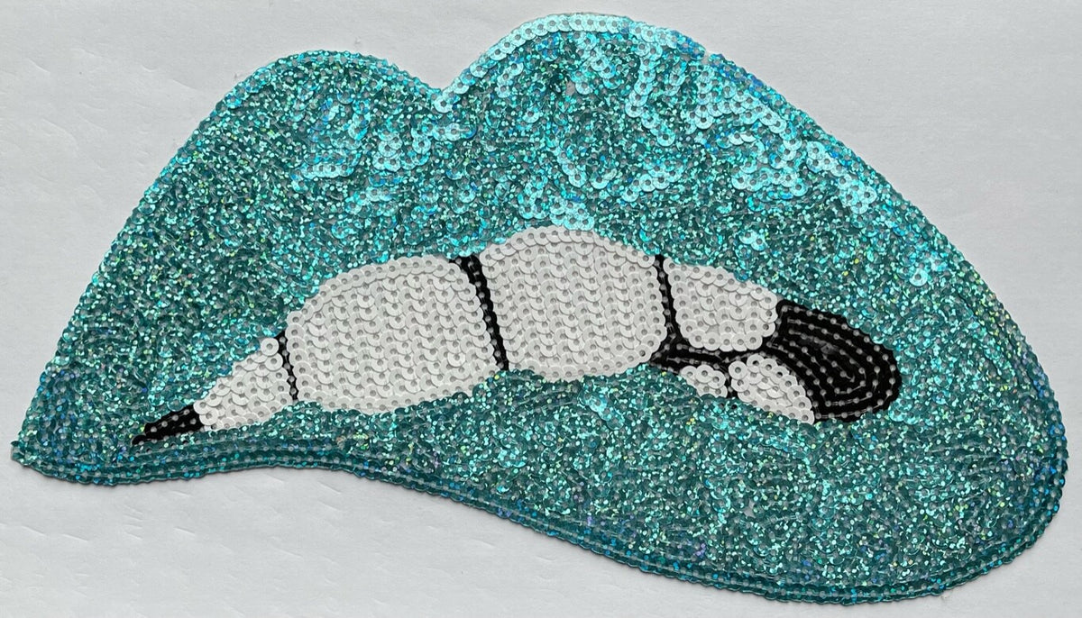 Large Rose Gold Silver Pink Lips Mouth Pop Art Lip Sequin Iron on Sew on Patch - Ab Aqua - Iron On