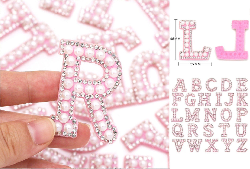 Pink & Pearl Rhinestone Letter Patch Patches Glue on Sew on Alphabet Crystal