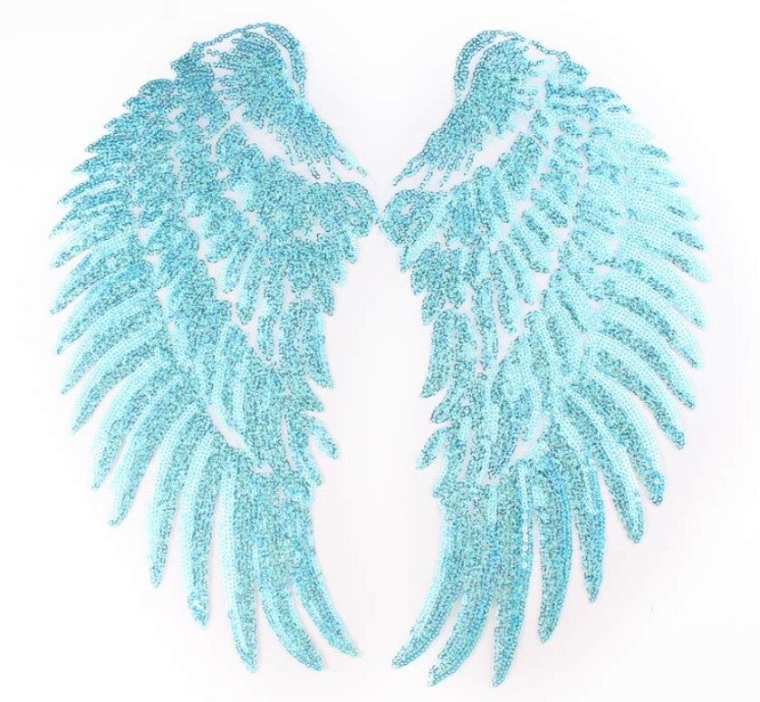 Large Pair Sequins Wings Iron or Sew on Embroidery Patch Customise Clothing 33cm - Aqua