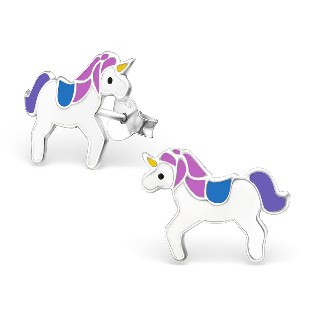 925 Sterling Silver Blue White & Purple Unicorn Stud Earrings & Gift Box