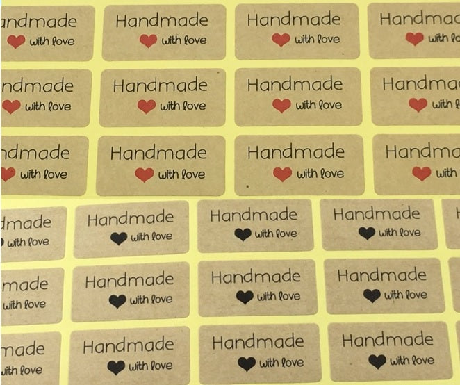 Rectangle Paper Labels 'Hand made with love' Gift Food Kraft Craft Stickers R&B