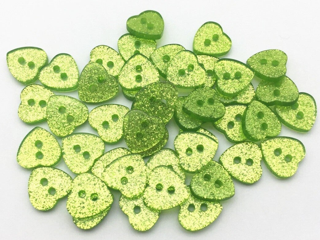 Glitter Heart Buttons Handmade Craft & Sewing Mixed & Non-Mixed 2 Hole 12x13mm - Light Green