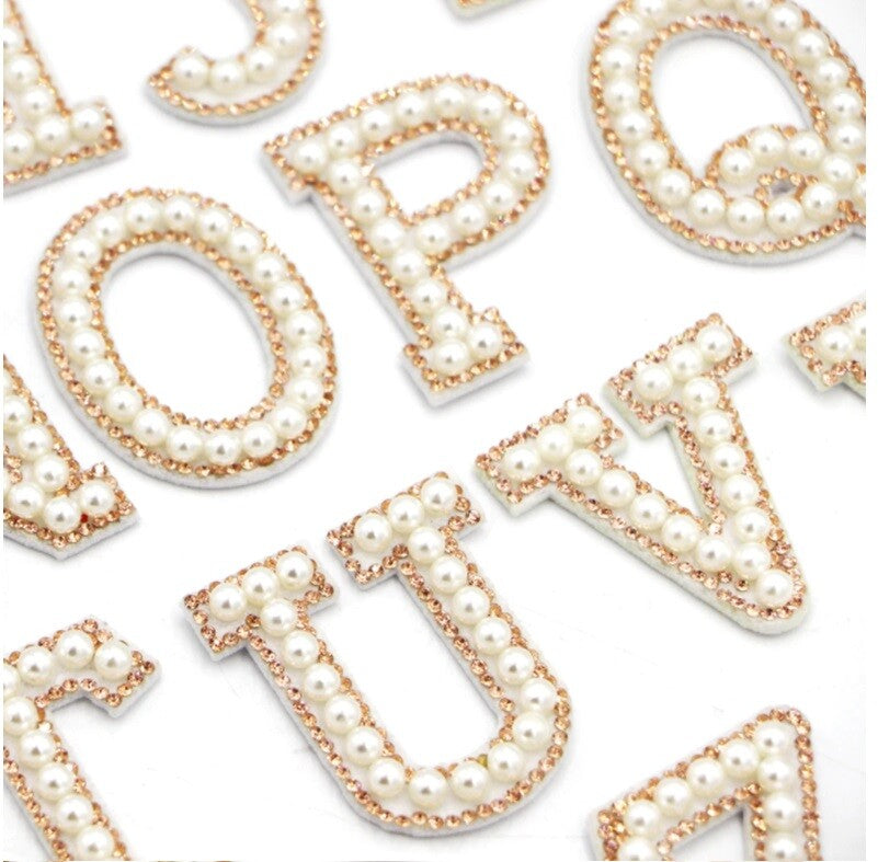 Pearl & Rose Gold Rhinestone Letter Patch Patches Glue / Sew on Alphabet Crystal