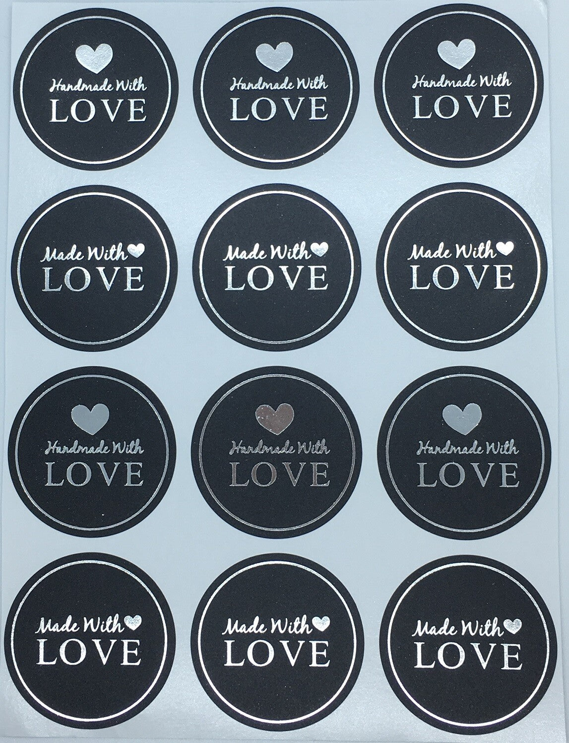 Round Labels Hand made with love Mixed Gift Craft Stickers Thank You Sticker - Black & Silver