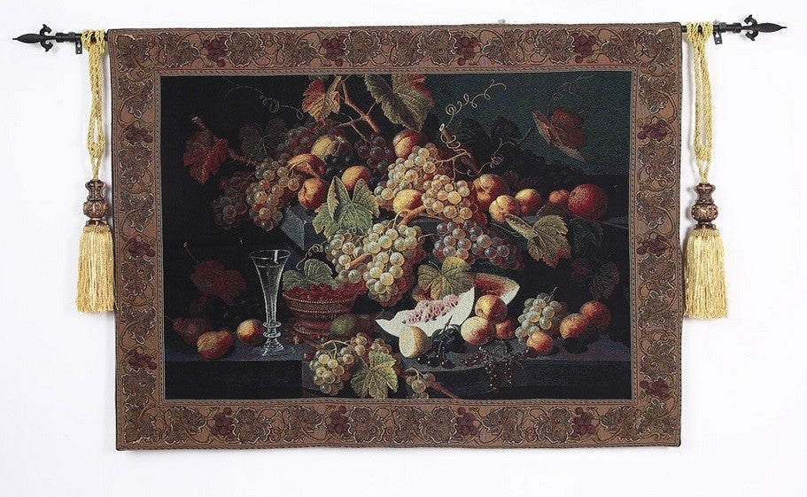 Champagne & Fruit Still Life Tapestry Victorian Style Wall Art 104x134cm