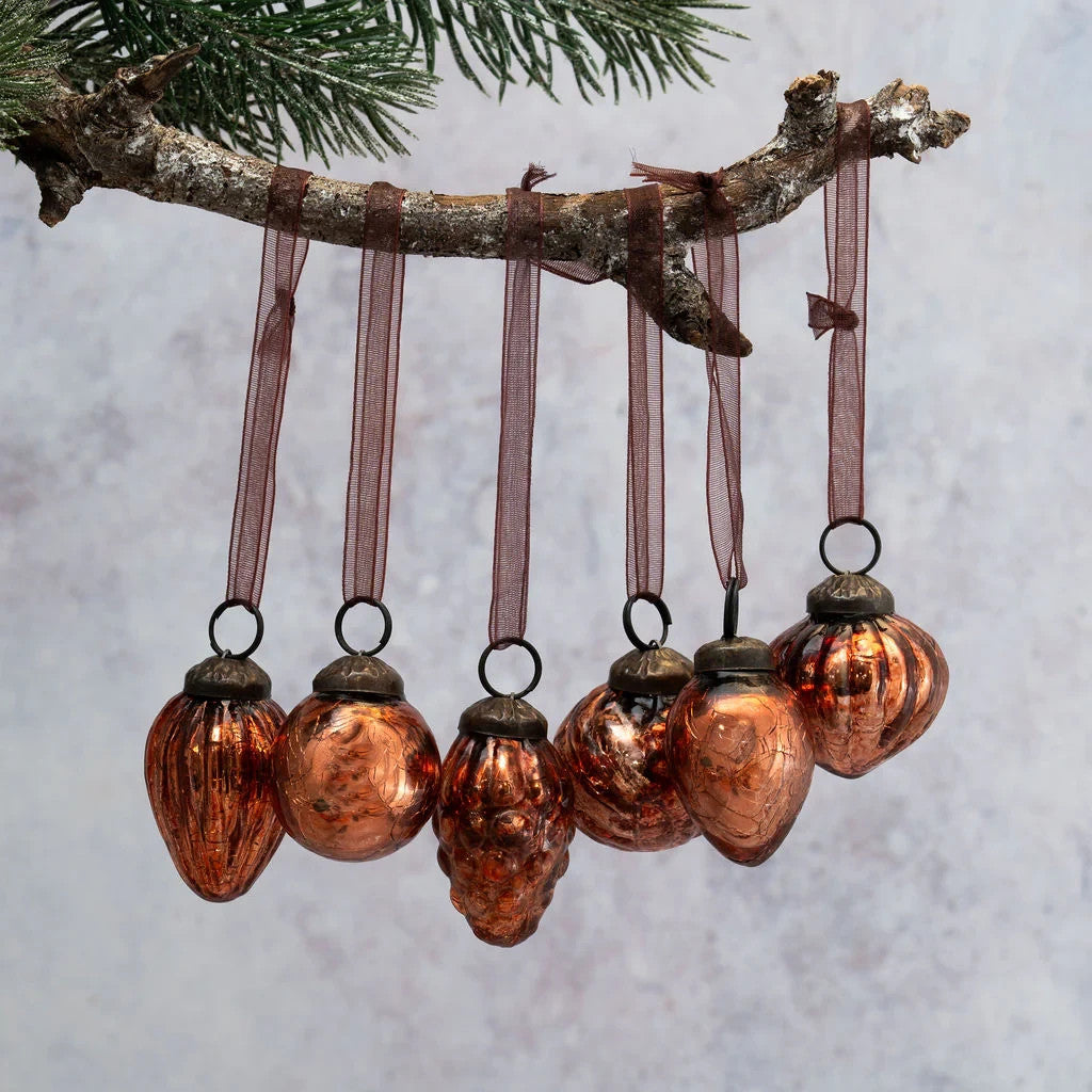 6 Pack Small Glass Handcrafted Baubles Premium Traditional Christmas Tree Craft - Set of 6 Russet Crackle Mix