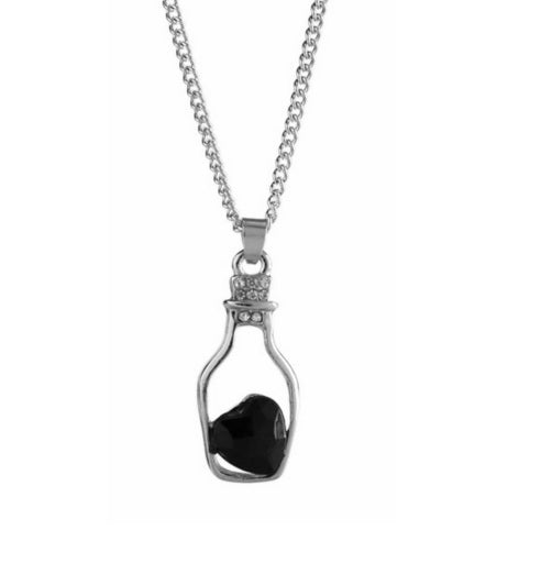 Cute Love Heart in a Bottle Message Pendant Austrian Crystal Necklace Kawaii - Black