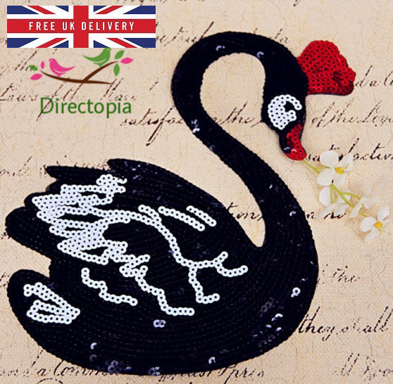 Sew On Sequins Applique Black Swan Patch Sparkly Customise Craft Clothing