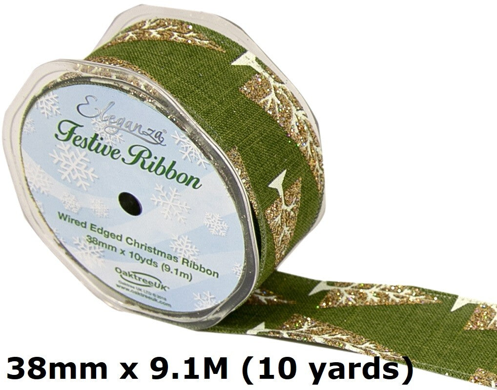 Eleganza Festive Christmas Ribbon Roll Craft Wreath Bows Gifts Tree Decoration - Christmas Tree Wired Edge Green/Gold