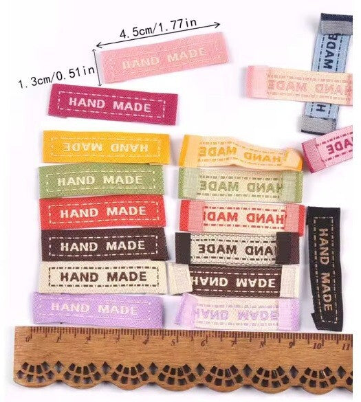 20 Mixed Fabric Labels 'Hand Made' Sew On Garment Clothing Label Tags 45mmx 13mm