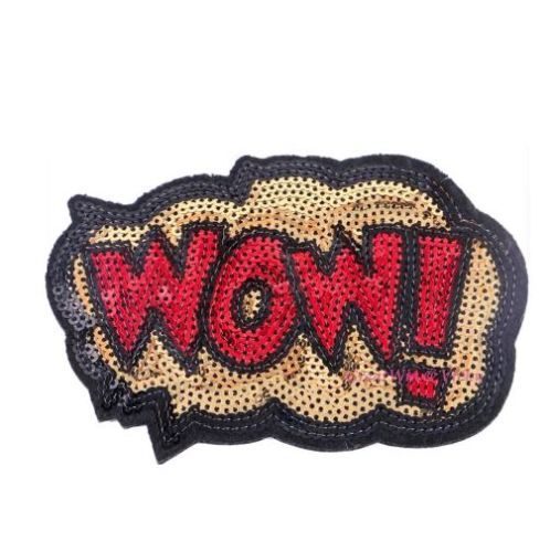 Wow Speech Bubble Cartoon Comic Iron Sew On Sequin Patch Applique Customise