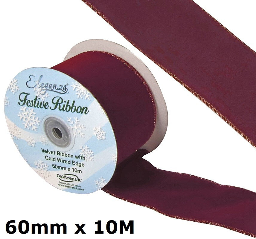 Eleganza Festive Christmas Ribbon Roll Craft Wreath Bows Gifts Tree Decoration - Burgundy Velvet Ribbon Gold Wire Edge