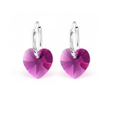 925 Sterling Silver Crystal Hoop Heart Earrings Choice of Colours - Fuchsia