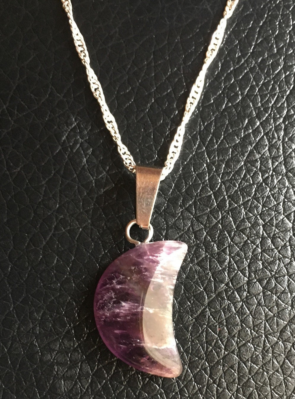 Natural Purple Amethyst Quartz Crescent Moon Necklace Pendant Healing & Gift Bag