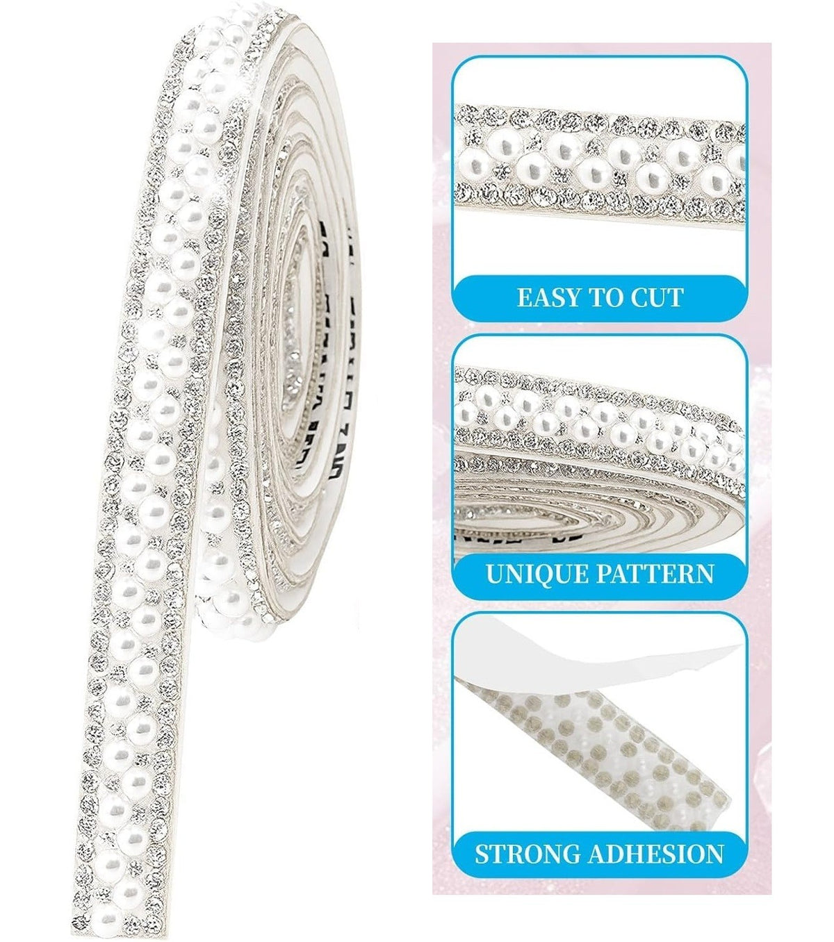 Pearl Rhinestone Self Adhesive Tape Border Craft Sticker Strip Roll W 1cm L 91cm