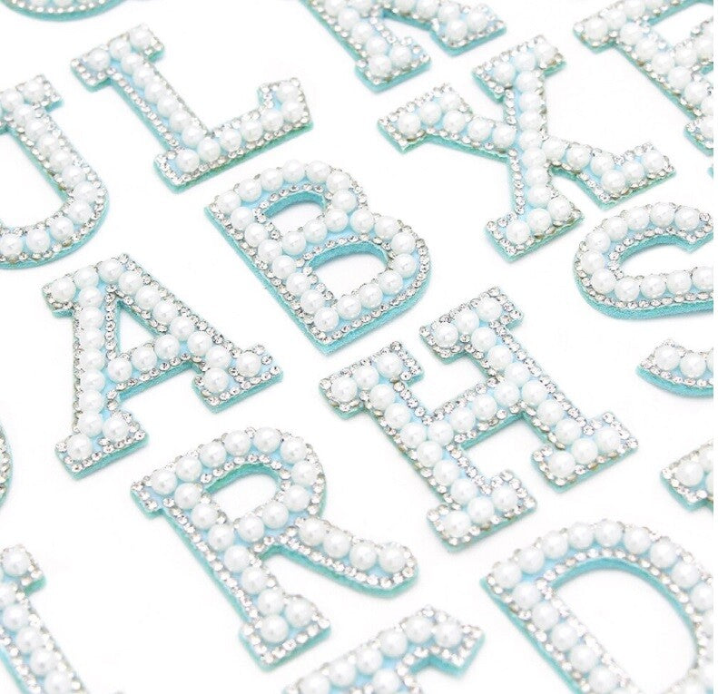 Pearl Rhinestone Letter Patch Patches Iron on Sew on Alphabet Pink White Blue - Blue & Pearl