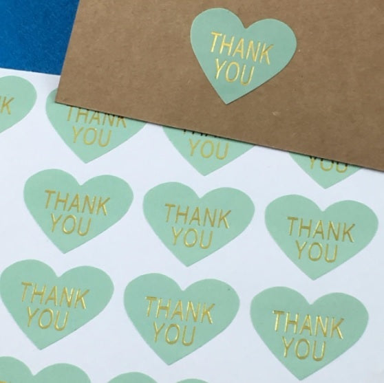 Heart Paper Labels 'Thank You' Gift Food Craft Stickers Seals Green & Gold