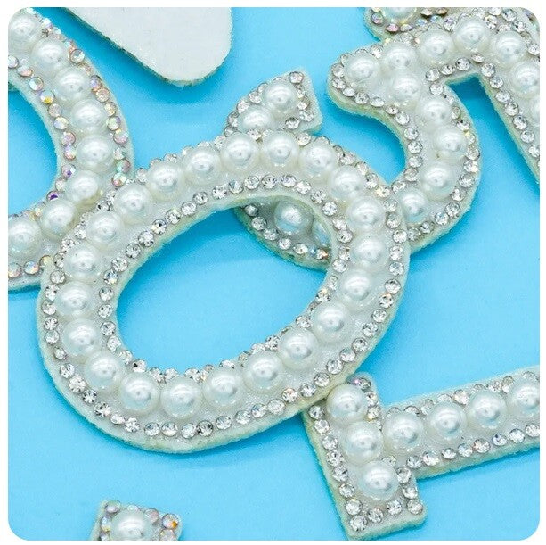 5.5cm Tall Pearl Number Patch White & Silver Rhinestone Alphabet Numbers Patches
