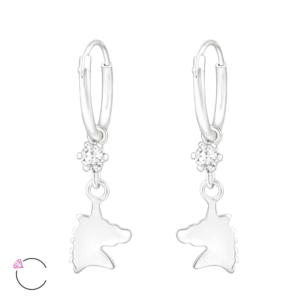 925 Sterling Silver Crystal Unicorn Head Hoop Earrings 1.2x12mm & Gift Box