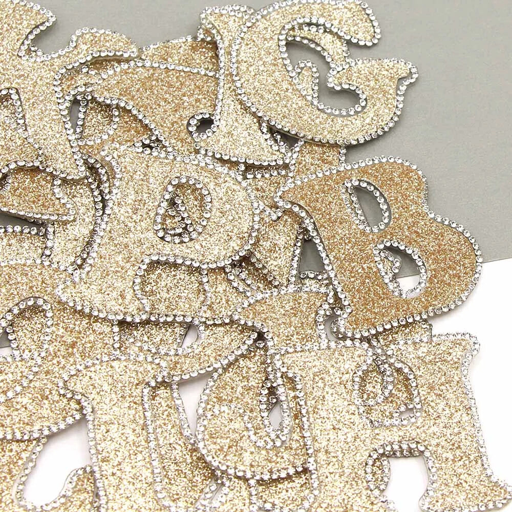 3D Rhinestone Champagne Gold Glitter Letter Patch Iron on Alphabet Patches 5cm