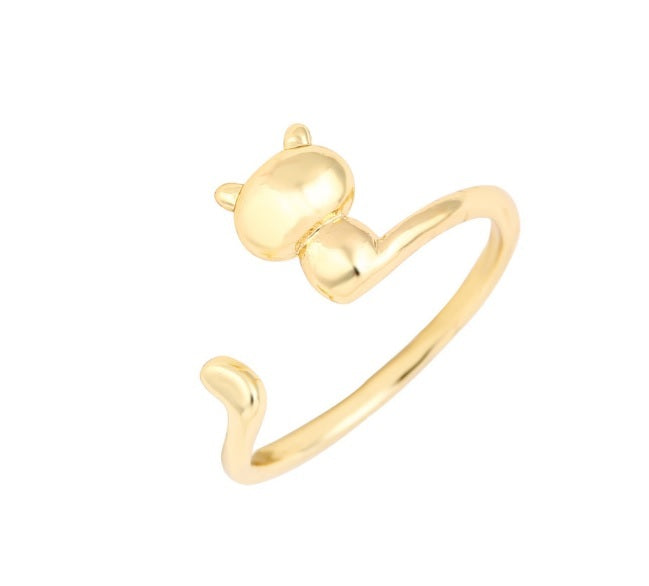Cute Adjustable Kitty Cat Shaped Wrap Ring Silver Gold Rose Animal Kawaii - Gold