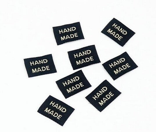 Fabric Labels Hand Made Sew On Garment Clothing Craft DIY Tags Black Gold Brown - Black & Beige Capital Letters