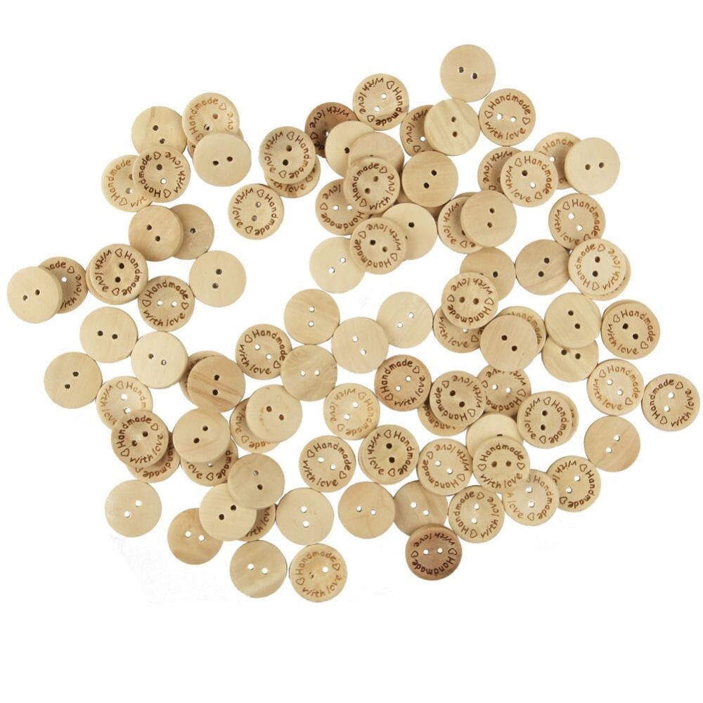Handmade With Love Natural Wooden Round Buttons Hand Made 15mm / 1.5cm