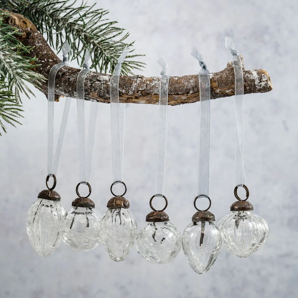 6 Pack Small Glass Handcrafted Baubles Premium Traditional Christmas Tree Craft - Set of 6 Clear Crackle Mix