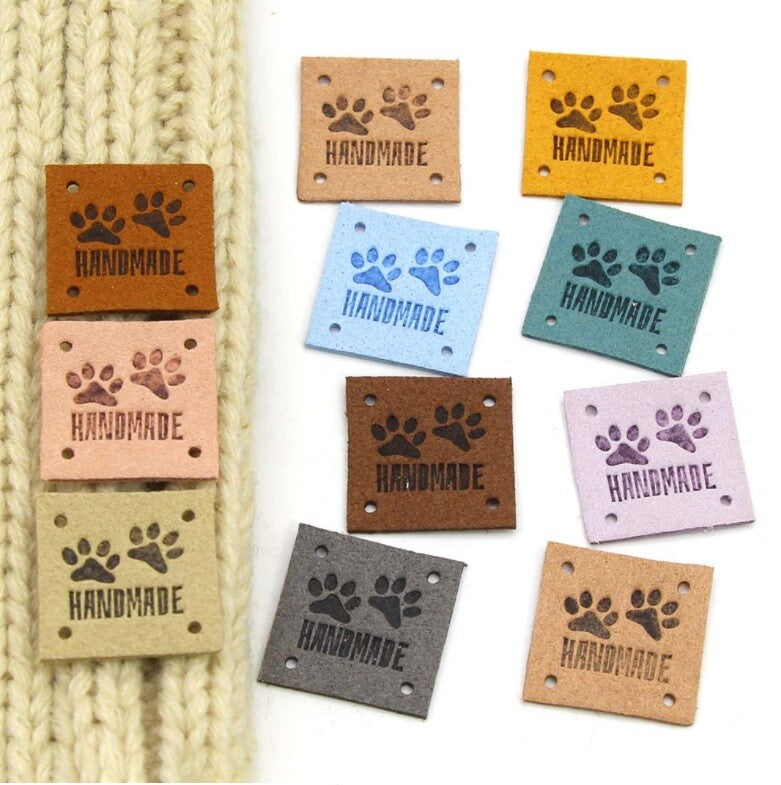Faux Suede Leather Labels Hand Made Paw Print Clothing Tag Label Tags 25x25mm