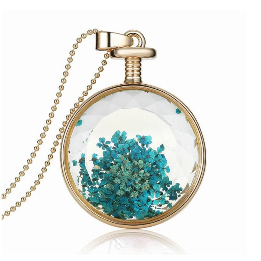 Dried Flower Round or Square Locket Pendant Gold Plated Glass Charm Necklace - Round Blue