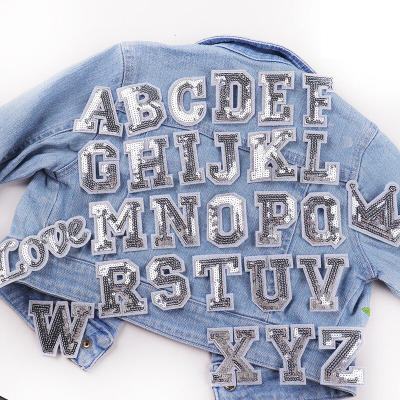 Silver Sequins Varsity Letter Patch Iron or Sew on Alphabet Customise 5cm