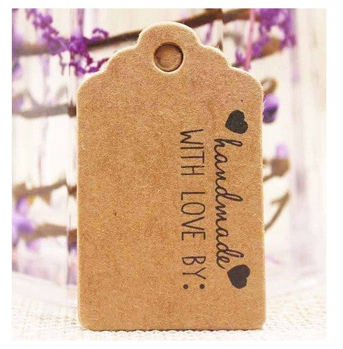5x3cm Craft Paper Tags 'Handmade with Love by' Hand Made Gift Tag - Brown with Black Heart