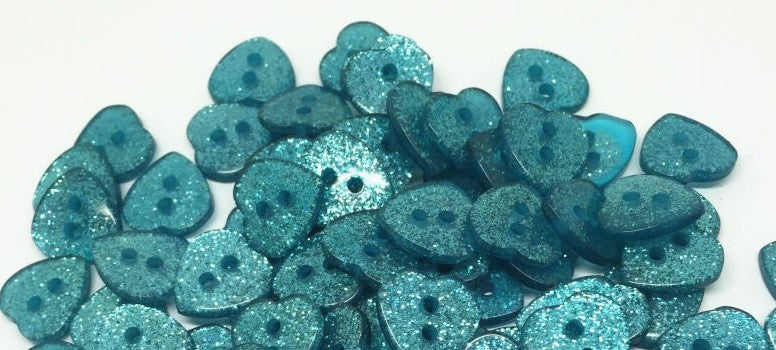 Glitter Heart Buttons Handmade Craft & Sewing Mixed & Non-Mixed 2 Hole 12x13mm - Turquoise